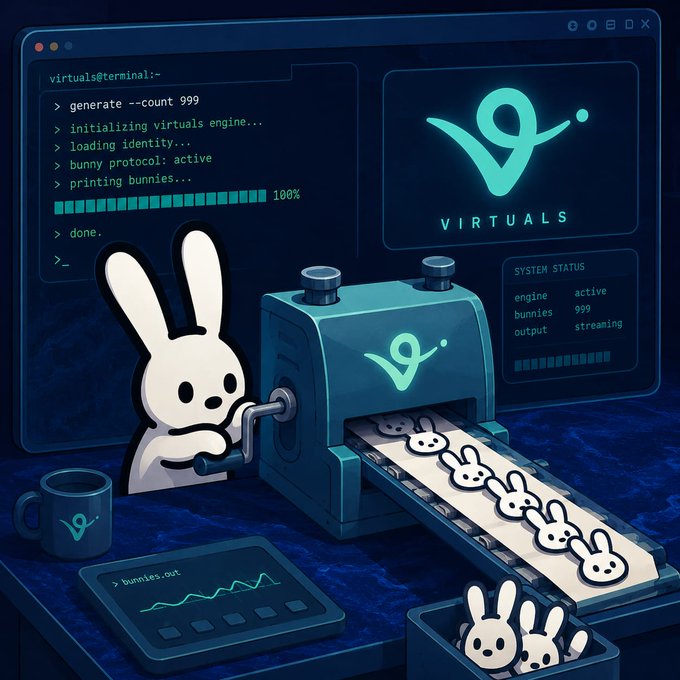The image features a cartoon rabbit sitting at a desk with a computer monitor displaying a website for virtual rabbits. The rabbit appears to be creating an alpha feed using a machine, which is then used by users who purchase a key from the website. The website offers a beta version of the virtual rabbit game that can be played on various devices such as computers and gaming consoles. The image also includes text elements related to the virtual rabbit service, including the words "Virtually" and "bunnyOS".