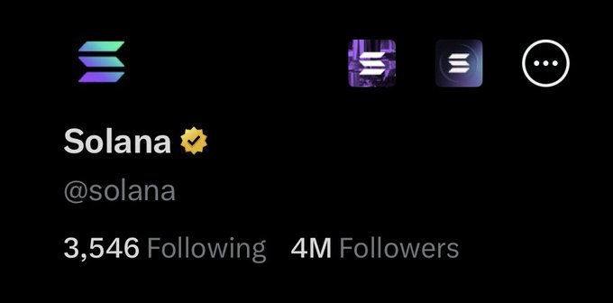 A profile header for the official Solana (@solana) social media account, featuring the Solana logo and a verified checkmark, showing 3,546 following and 4M followers.