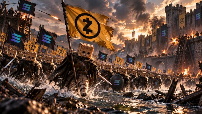 An army of feral paper bag warriors charges forward with a tattered flag bearing the "Z" logo, while rainbow-pride flags are held by soldiers on the fortress walls, sarcastically portraying the $ZCAT meme coin as defenders "bag-holding" against a weak-handed selloff.