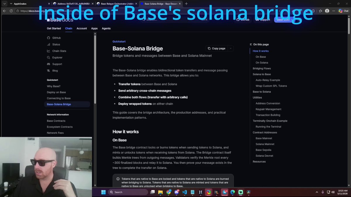 The image shows a computer screen displaying a webpage about Base's Solana Bridge, which is an open source blockchain platform. The text on the page indicates that the website is available for anyone to use, and it also mentions that users can create their own apps using the base chain. This information suggests that the post might be related to the compatibility of the app with the Solana Bridge or how to integrate the app into a blockchain-based system.