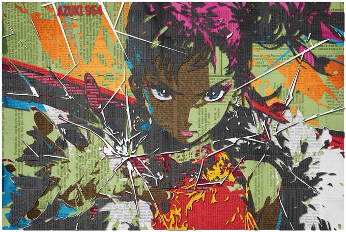 Vibrant pop-art collage featuring an Azuki NFT character with pink hair and intense eyes, shattered glass effects, and fiery red accents overlaid on newspaper text, with "AZUKI #964" visible in the top left corner—matching the post's showcase of custom Azuki fan art by artist IKZ.
