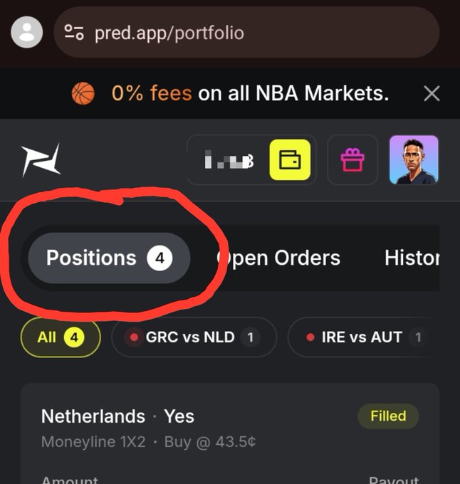 A mobile screenshot of pred.app/portfolio showing a sports betting interface with the 'Positions' tab (showing 4 positions) circled in red, alongside tabs for 'Open Orders' and 'History' below a banner advertising '0% fees on all NBA Markets.'