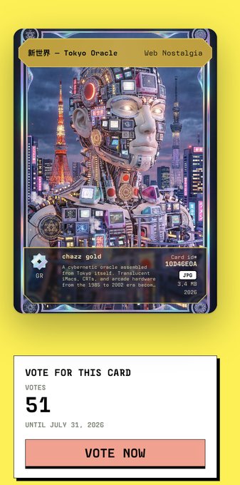 A trading card titled "chazz gold" featuring a cybernetic oracle assembled from Tokyo Tower, Skytree, and arcade hardware, labeled "新世界 — Tokyo Oracle" by Web Nostalgia, currently has 51 votes with a "VOTE NOW" button shown. The caption relates to the post promoting the artist's entry in the @kentocards open call, noting that with 12 more votes they could reach 2nd place before the July 31 deadline.