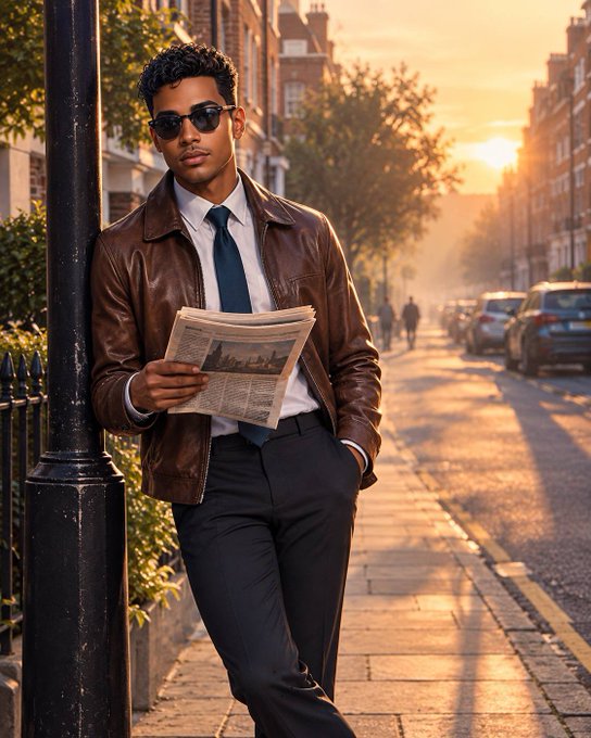 A man in a brown leather jacket, sunglasses, white shirt, and blue tie leaning against a lamppost on a city street at sunset while reading a newspaper.