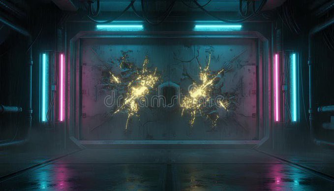 A futuristic vault door is breached by explosive yellow energy splashes, illuminated by neon blue and pink lights in a dark cyberpunk corridor. The image visually mirrors the post's warning about intermediary vaults—depicting a secure, high-tech barrier that has been violently compromised, reinforcing the idea that even the most fortified systems can fail to protect the real value behind them.