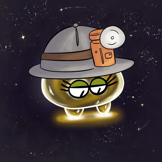 A cartoon illustration depicts a spherical, glowing yellow character wearing glasses and a gray pith helmet equipped with an orange headlamp, floating against a starry space background.