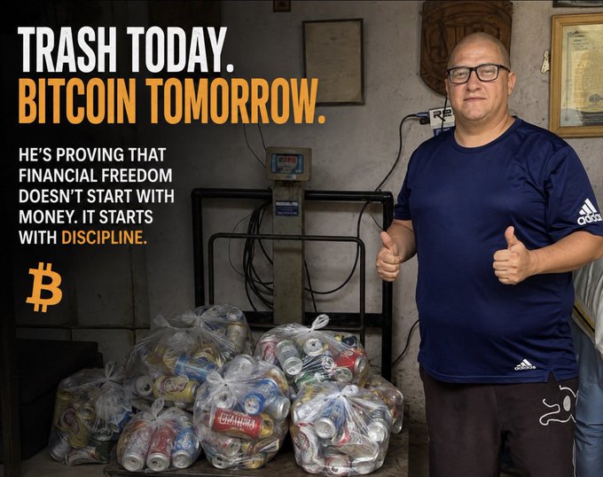 An advertisement with the headline 'TRASH TODAY. BITCOIN TOMORROW.' showing a man giving thumbs up next to bags of cans, with text reading 'HE'S PROVING THAT FINANCIAL FREEDOM DOESN'T START WITH MONEY. IT STARTS WITH DISCIPLINE.' alongside a Bitcoin logo.