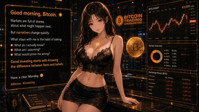 An anime-style female figure stands beside a glowing Bitcoin-themed dashboard showing BTC at $63,000 with market data and a candlestick chart, accompanied by the motivational text about asking "What do I actually know?" before investing.