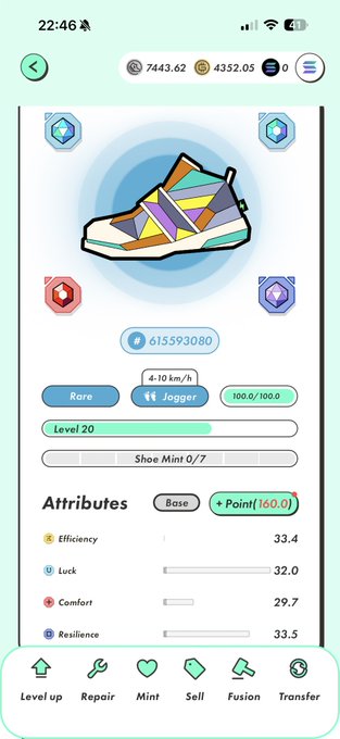 Mobile game screenshot showing a Rare 'Jogger' sneaker NFT at Level 20 with attributes including Efficiency 33.4, Luck 32.0, Comfort 29.7, and Resilience 33.5, valued at 615593080 coins.