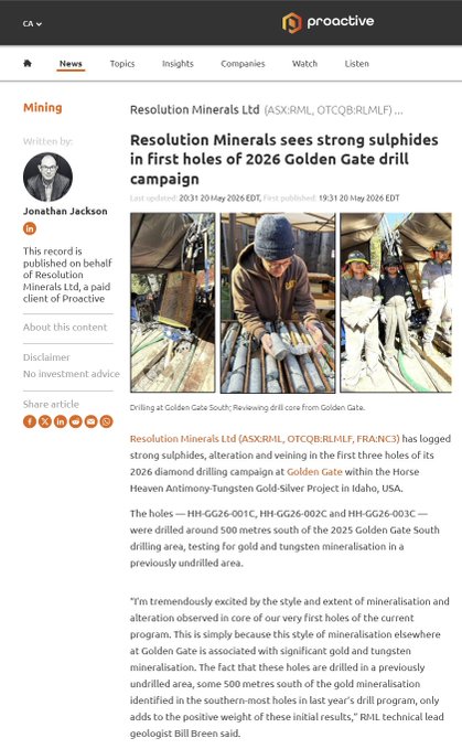 The image shows a webpage with text that reads "Resolution Minerals Ltd. has logged strong sulphides, alteration and veining in the first three holes of its 2026 diamond drilling campaign at Golden Gate within the Horse Heaven #Antimony #Tungsten #Gold #Silver Project in Idaho, USA". The post is about a mining project called the "Resolution Diamond Drill" that took place between 2006 and 2007. The image also includes a photo of a man wearing a hat and a picture of another man with a hat.