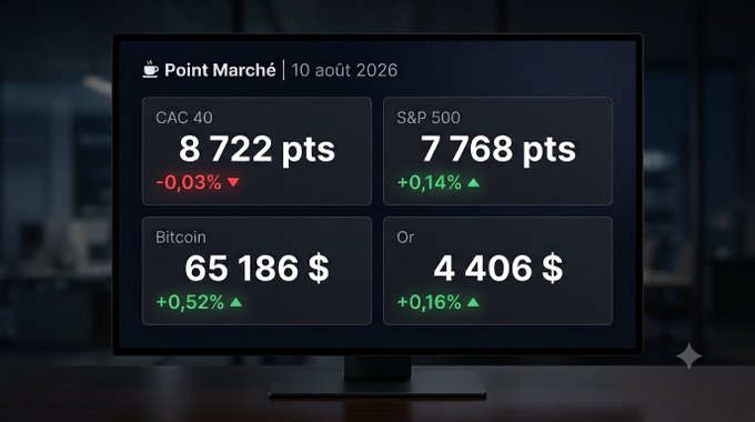 A financial dashboard titled "Point Marché | 10 août 2026" displays market data: CAC 40 at 8,722 pts (-0.03%), S&P 500 at 7,768 pts (+0.14%), Bitcoin at $65,186 (+0.52%), and Gold at $4,406 (+0.16%), directly mirroring the post's summary of the day's market performance.