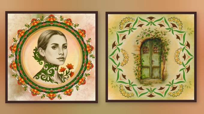 Two framed artworks displayed side by side: one featuring a portrait of a woman surrounded by an orange floral wreath, and the other showing an arched green door with decorative leaf patterns.