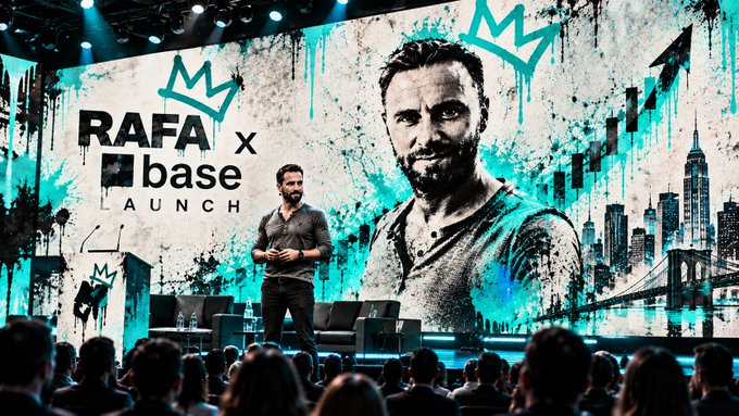 A man speaks on stage at a 'RAFA x base LAUNCH' event, with a large screen behind him displaying his portrait and crown logo.