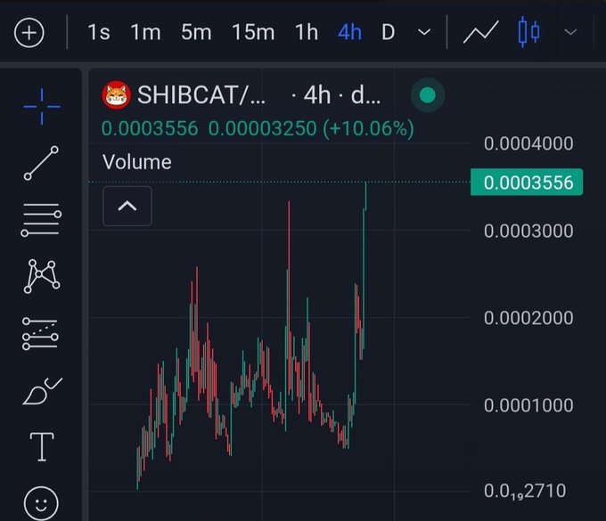 The image displays a candlestick chart for the SHIBCAT token showing a recent surge to an all-time high price of 0.00035556, marking a +10.06% increase on the 4-hour timeframe, which corresponds to the post celebrating this new price milestone and sharing the contract address for the Robinhood Chain-based token.
