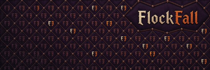The image features the "FlockFall" logo on the right side, set against a dark purple background filled with a repeating pattern of small "F3" symbols. It serves as promotional branding for the FlockFall NFT project, which is mentioned in the accompanying post as offering 4,000 playable duck/fox characters soon to be available on Robinhood.