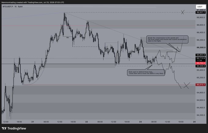 A TradingView BTCUSDT perpetual chart showing Bitcoin price analysis around $65,000-67,000 with technical annotations indicating a 'lower than and a more into this is very likely' support setup and completion pattern at the upside.