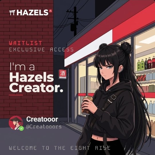 A promotional graphic for 'HAZELS' featuring anime-style character artwork, text reading 'WAITLIST EXCLUSIVE ACCESS I'm a Hazels Creator. Welcome to the Eight Rise' with creator handle @Cretoors.