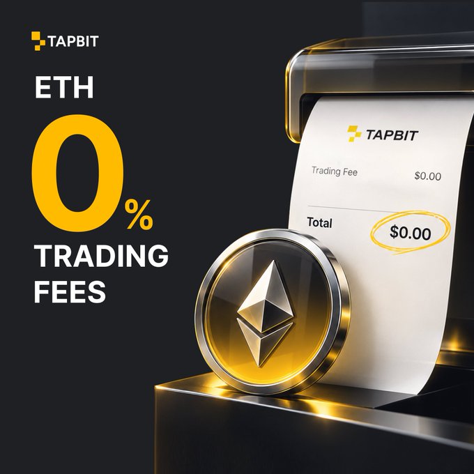 A promotional graphic for TAPBIT advertising 'ETH 0% TRADING FEES', featuring a 3D rendering of a gold Ethereum coin and a receipt showing a total of $0.00.