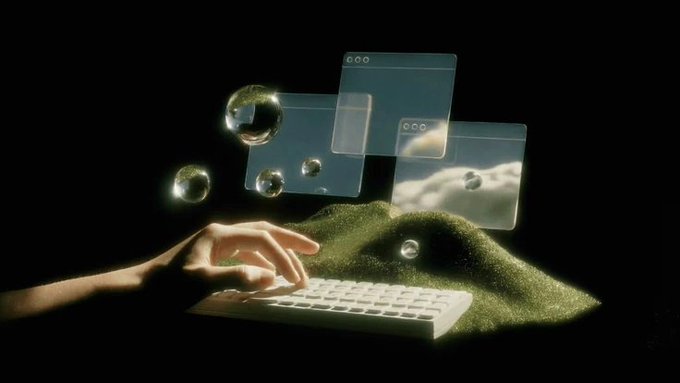 A hand types on a keyboard atop a mossy surface while translucent browser windows and floating spheres hover above, visualizing decentralized, random AI validation. The dreamlike imagery reinforces the post's message: moving beyond a single judge to a distributed, unpredictable system of validators that prevents gaming or bias.