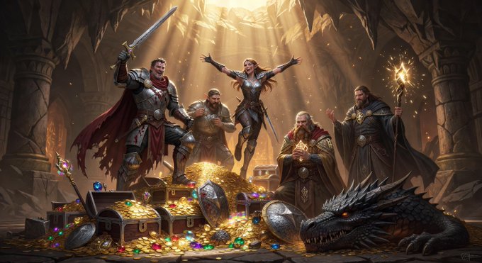 A fantasy scene depicts a group of adventurers—including a knight with a sword, a cheering woman, a dwarf, a wizard, and a priest—celebrating in a treasure-filled cavern with gold, gems, and a sleeping dragon.