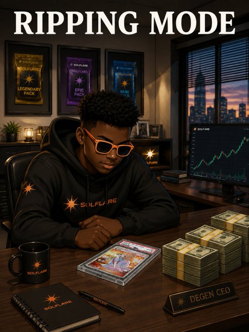 An AI-generated image titled 'RIPPING MODE' showing a young person at a desk covered in cash stacks with Solana-branded items, a framed graded card, and trading charts in the background.