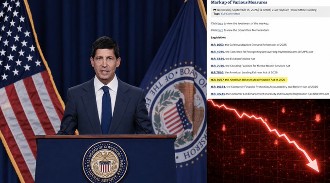 Former SEC Chairman Paul Atkins speaks at a Federal Reserve Board podium, alongside a screenshot of congressional legislation including bills H.R.1653 (CLARITY Act), H.R.7030, and H.R.10284, with a red downward trending arrow overlaid—visually symbolizing the post's message that crypto legislation has failed its first major test and that chances of approval in 2026 are now very low.