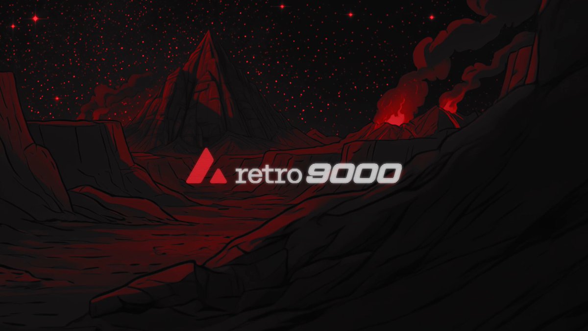 This image features a large graphic design with red text at the bottom that reads "Retro9000". The background of the graphic appears to be a rocky mountain landscape, which creates an exciting and adventurous atmosphere. The main focus of this artwork is its connection to the Post that says "@avaxCommunity", indicating that it is promoting Avalanche Community engagement. It's essential for viewers to understand the context behind this design and how participating in Avalanche Community can help build the game and make it stronger.