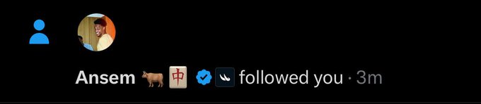 A dark social media notification showing 'Ansem' with several emojis followed you 3 minutes ago, accompanied by a profile picture of a person.