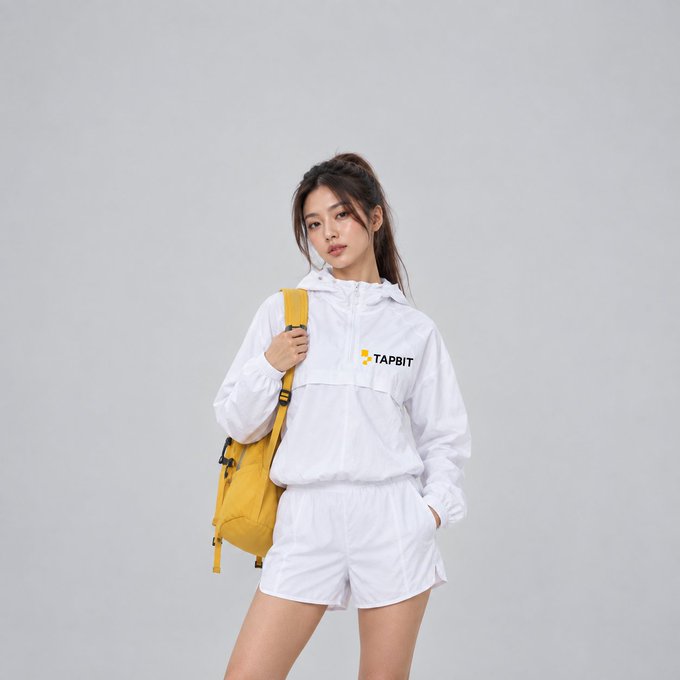 A model wearing a white windbreaker with a 'TAPBIT' logo on the chest, white shorts, and carrying a yellow backpack.