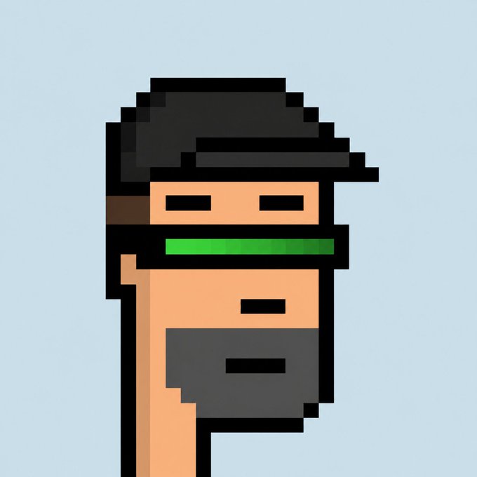 A pixel art illustration of a character wearing a black hat, a green headband, and gray shorts, standing against a light blue background.