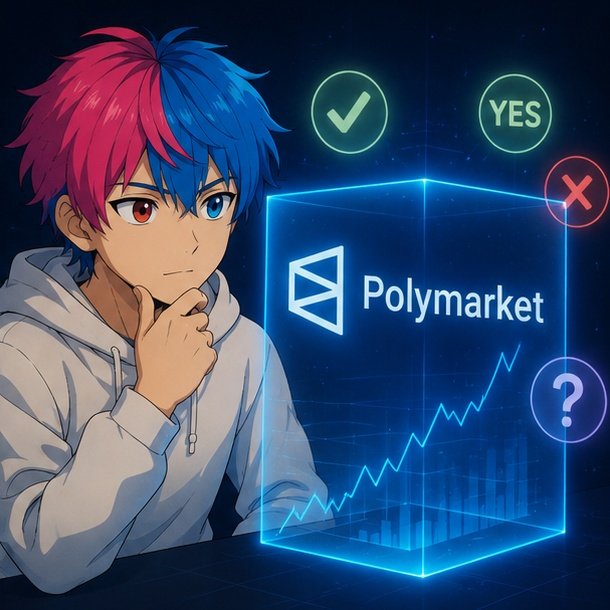 The image features a person sitting at a table with their hand resting over a digital display. They are wearing a white hoodie, which is positioned directly behind them. The computer screen displayed shows various options related to Polymarket, such as "yes", "no", and a "base TGE", along with symbols representing different elements like a question mark and a globe. The person in the image has a confused expression on their face. The post suggests that this individual is likely in the process of deciding which aspect of the game they want to focus on, given the multitude of options presented by the digital display.
