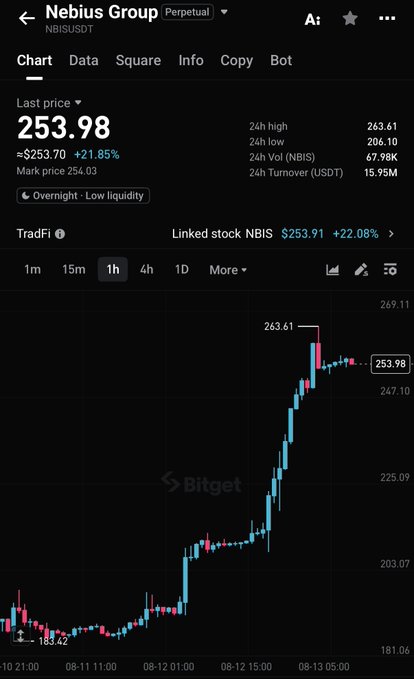 The image shows a Bitget trading chart for NBIS (Nebius Group) perpetual futures, displaying a sharp price surge from around $183.42 to a peak of $263.47 on the NBIS/USDT pair, with the current price at $254.65 (up +21.04% over 24 hours). The chart visually contrasts with the post's claim that Michael Burry is doubling down on his NBIS short, highlighting the irony of betting against a stock showing strong upward momentum following an earnings surge.