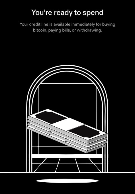 The image features a black and white illustration of an archway or doorway that has a stack of money sitting inside, which appears to be a Bitcoin Line of Credit (BLOC). The text in the image reads "You're ready to spend", indicating that the user is prepared to use the BLOC for their bitcoin transactions. The post also mentions that users can draw what they need and pay it down with direct deposit, making it easier to manage their finances using Bitcoin.