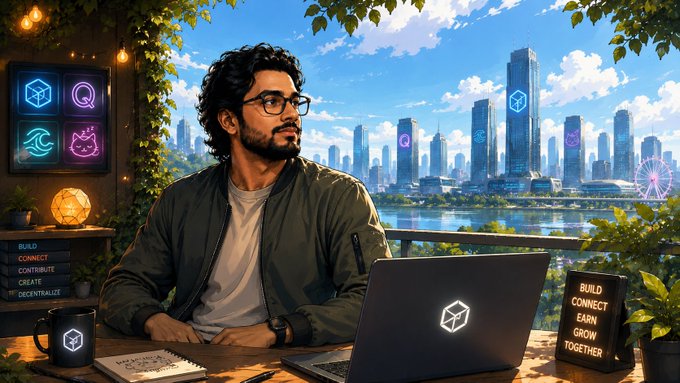 A digital illustration of a man with glasses and a beard working on a laptop in a high-rise setting, with crypto/Web3 icons, a mug, and a sign reading 'BUILD CONNECT EARN GROW TOGETHER' nearby.