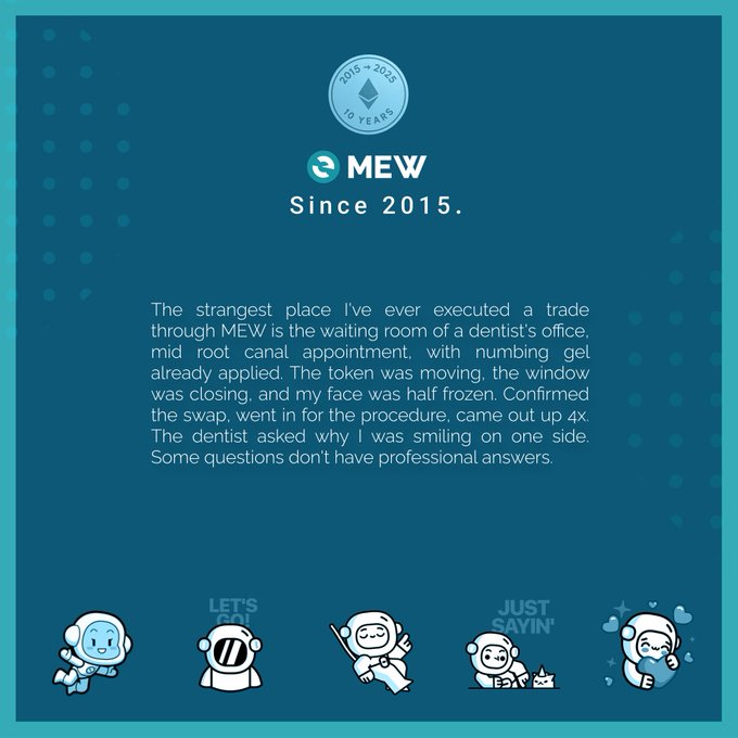 A blue promotional graphic for 'MEW Since 2015' features a 10-year anniversary badge and describes executing a trade from a dentist's office mid-root canal, resulting in 4x gains. Five astronaut mascots line the bottom with labels like 'LET'S DO' and 'JUST SAYIN''.