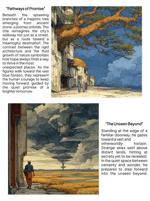 Two illustrated scenes with accompanying text: 'Pathways of Promise' shows figures walking under a large tree beside a building, and 'The Unseen Beyond' depicts a person gazing at a distant landscape.