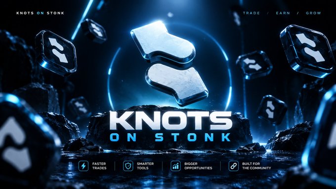 The image is a promotional banner for "KNOTS ON STONK," featuring a futuristic dark blue space-themed design with a metallic $KNOTS logo centerpiece, surrounded by floating crypto-style icons and the tagline "TRADE / EARN / GROW," highlighting features like "FASTER TRADES," "SMARTER TOOLS," "BIGGER OPPORTUNITIES," and "BUILT FOR THE COMMUNITY." It visually reinforces the post's message about the $KNOTS token's 3% transfer tax mechanism that loops back to $STONK distributions for holders.