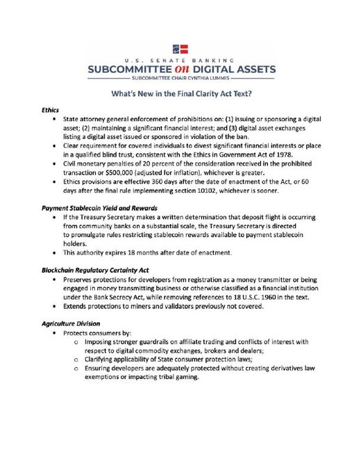 An official document from the 'U.S. SENATE BANKING SUBCOMMITTEE ON DIGITAL ASSETS' titled 'What's New in the Final Clarity Act Text?', chaired by 'CYNTHIA LUMMIS', outlining new provisions related to Ethics, Payment Stablecoin Yield and Rewards, Blockchain Regulatory Certainty Act, and Agriculture Division.