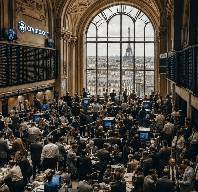 A bustling trading floor filled with brokers and digital screens, set against a grand arched window overlooking Paris with the Eiffel Tower in the distance, features a "crypto.com" sign prominently displayed on the upper left. The image visually reinforces the post's message of Crypto.com bridging U.S. and European markets, symbolizing the connection between traditional finance (depicted by the European trading environment) and tokenized access to American stocks for EEA users.