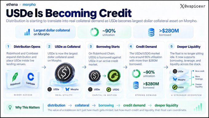 An infographic from @0xspicexr titled "USDe Is Becoming Credit" illustrates a five-step progression: 1) Distribution Opens (via Robinhood and Coinbase integrations), 2) USDe as Collateral (now the largest dollar collateral asset on Morpho), 3) Borrowing Starts (USDe borrowed against for USDG), 4) Credit Demand (running at ~90% utilization with >$280M borrowed), and 5) Deeper Liquidity across the stack. The image reinforces the post's message by visually showing how Ethena's distribution channels (Robinhood and Coinbase) are translating USDe into real collateral demand, with key metrics like 90% utilization and $280M borrowed highlighting its growing role as the largest dollar collateral asset on Morpho.
