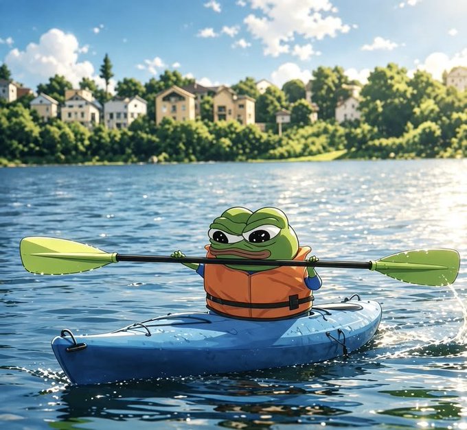 A cartoon illustration depicts a grumpy-looking Pepe the Frog character wearing an orange life vest and paddling a blue kayak on a calm lake, with houses and trees visible on the distant shore.
