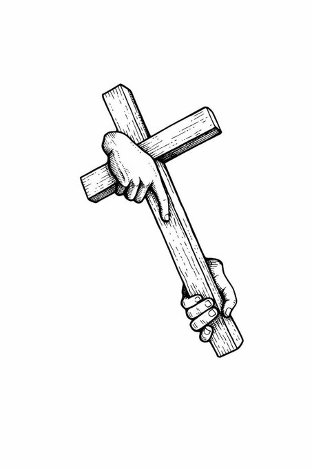 A black and white illustration depicting two hands holding a wooden cross, one hand pointing downward from the top of the cross.