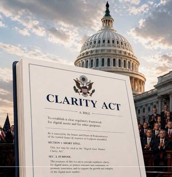 The image shows a mock bill titled "CLARITY Act" displayed in the foreground, with the U.S. Capitol dome and a crowd of congressional members standing outside in the background. The caption "CLARITY ACT: A BILL - To establish a clear regulatory framework for digital assets and for other purposes" is visible, directly supporting the post's urgent call to pass the legislation.