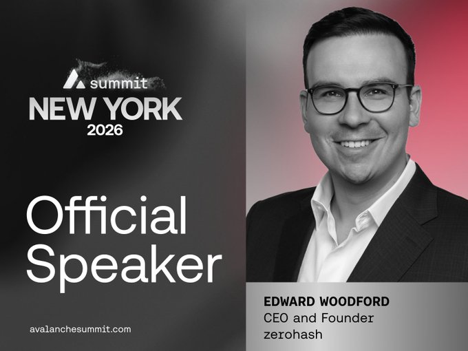 A promotional graphic for 'Summit NEW YORK 2026' featuring Edward Woodford, CEO and Founder of zerohash, as an Official Speaker.