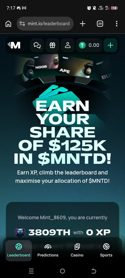 A mobile screenshot from mint.io/leaderboard showing 'EARN YOUR SHARE OF $125K IN $MNTD!' with a user rank of '3809TH with 0 XP'.