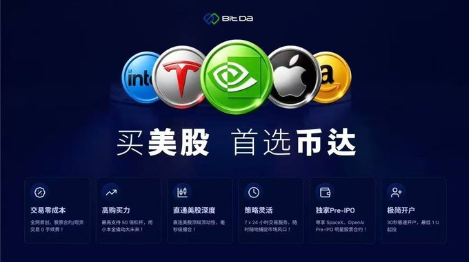 The image features a blue background with white text, which includes Chinese characters for various companies such as BitDa, Intl., Tesla, Apple, Amazon, and others. The text also displays logos of these companies, including a green apple logo, an orange apple logo, and a red apple logo. The post is titled "bitda.com" and has a caption that reads "抽象交易额 ≥ 万免 $SpaceX、$OpenAI、$NVDA等热门红利一键打包".