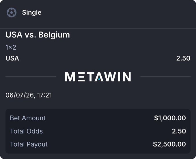 A MetaWin betting slip shows a $1,000 wager on the USA to win against Belgium on 06/07/26, with 2.50 odds for a total payout of $2,500. The image illustrates the poster's claim about MetaWin offering great odds, serving as proof of their $1,000 bet backing the USA in the upcoming match.