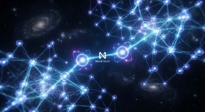 A cosmic digital artwork showing a network of glowing blue nodes and connecting lines resembling a blockchain or neural network, with the 'NEAR NEAR' logo and a galaxy in the background.