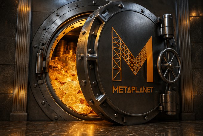 A vault door filled with Bitcoin gold coins, featuring the 'METAPLANET' logo and a stylized 'M' emblem on the heavy metal door.