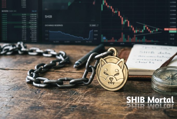 A promotional graphic titled 'SHIB Mortal' featuring a gold Shiba Inu medallion attached to a heavy black chain, with a background showing trading charts, a notebook labeled 'SHIB data accumulation acceleration charts', and a compass.